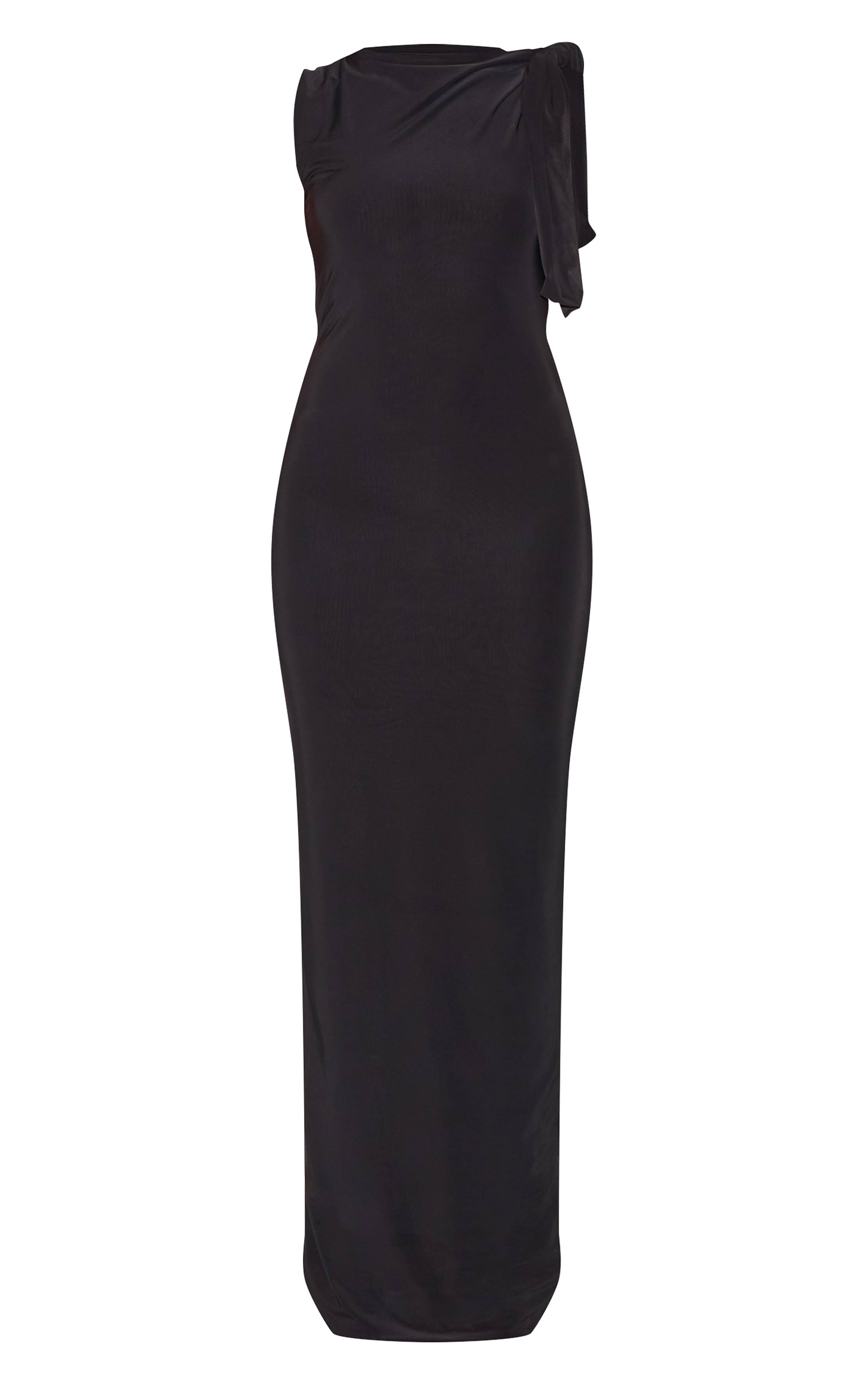 Noir Robe Midaxi Drapée Avec Nœud En Tissu Slinky