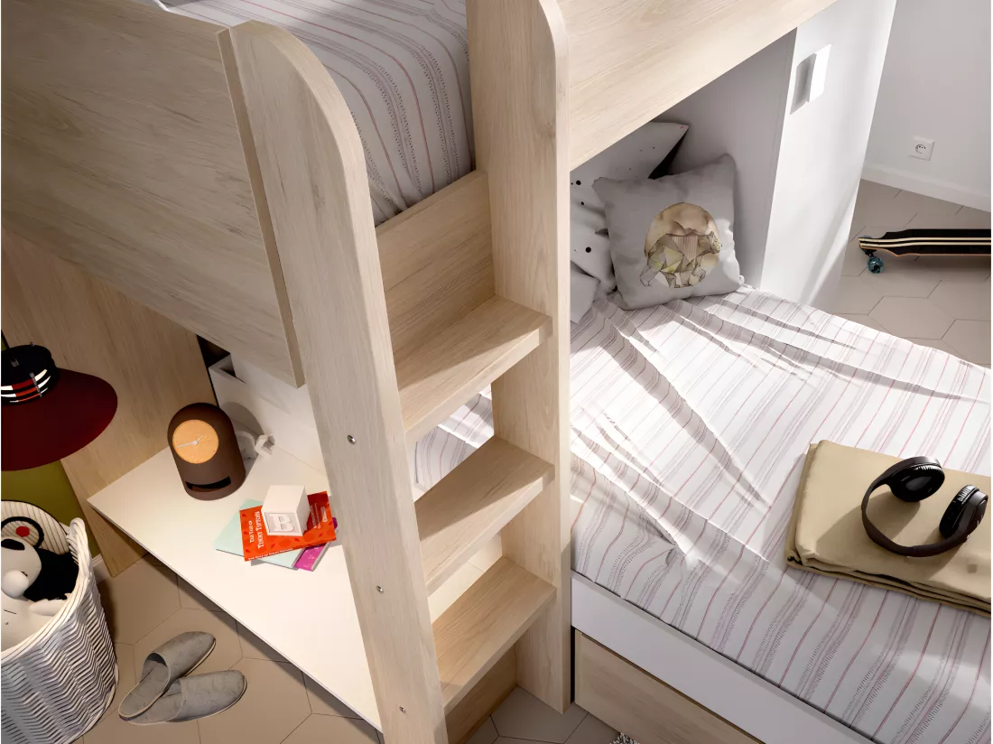 Lits superposés d'angle réversibles RICARDO - 2 x 90 x 190 cm - Rangements intégrés - Chêne et blanc + matelas
