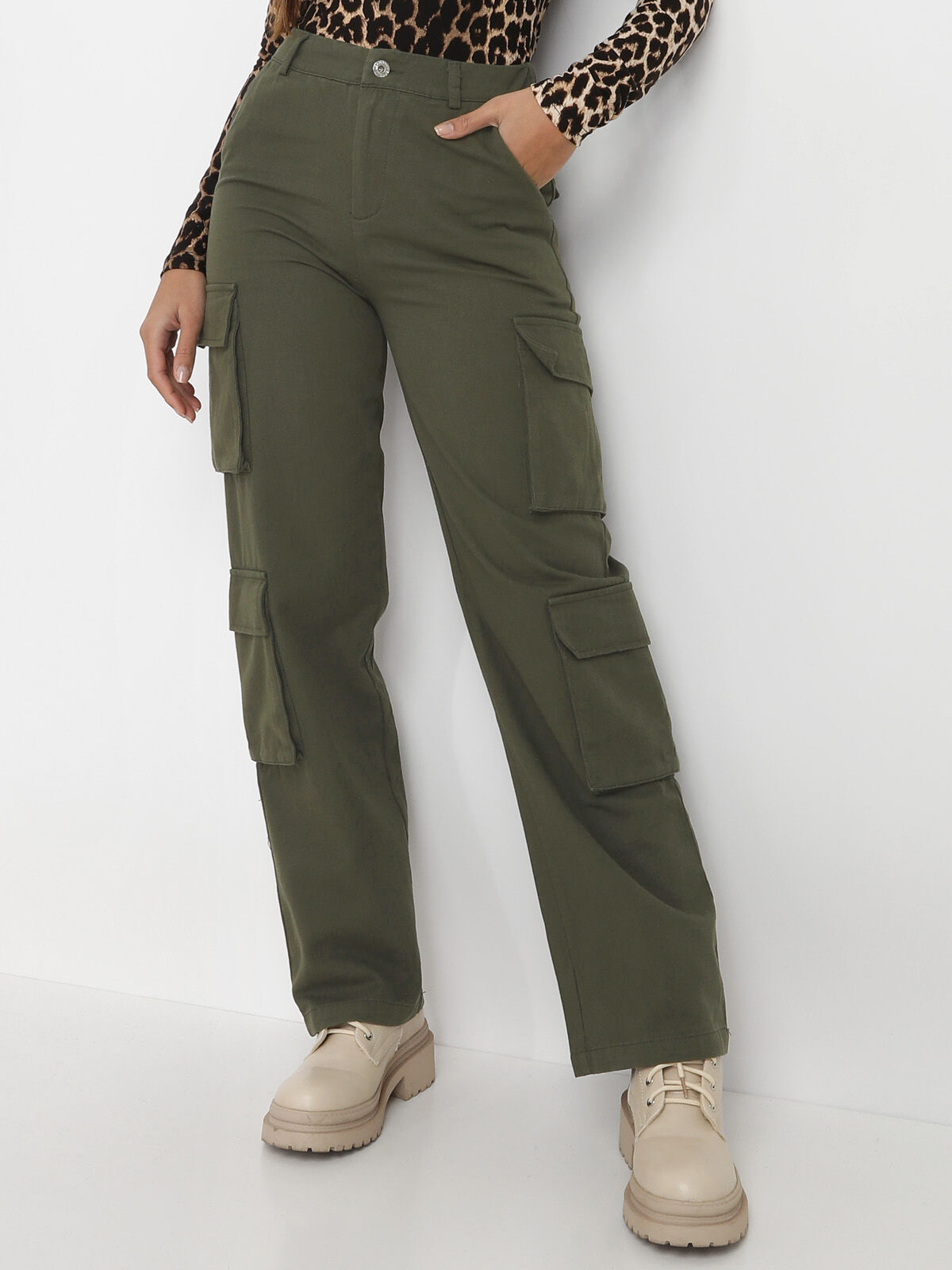 Pantalon cargo taille haute- Kaki