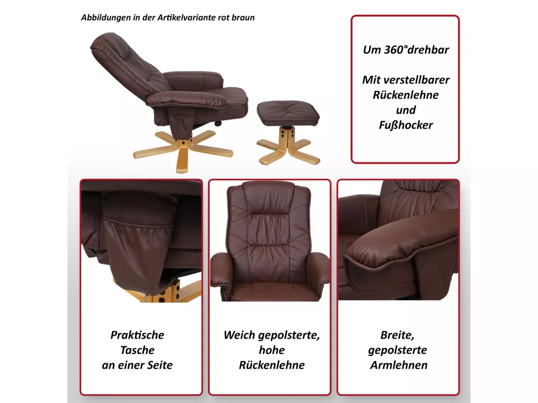 Fauteuil relax H56 avec pouf, Fauteuil relax /de relaxation M56 avec pouf, simili-cuir, bordeaux