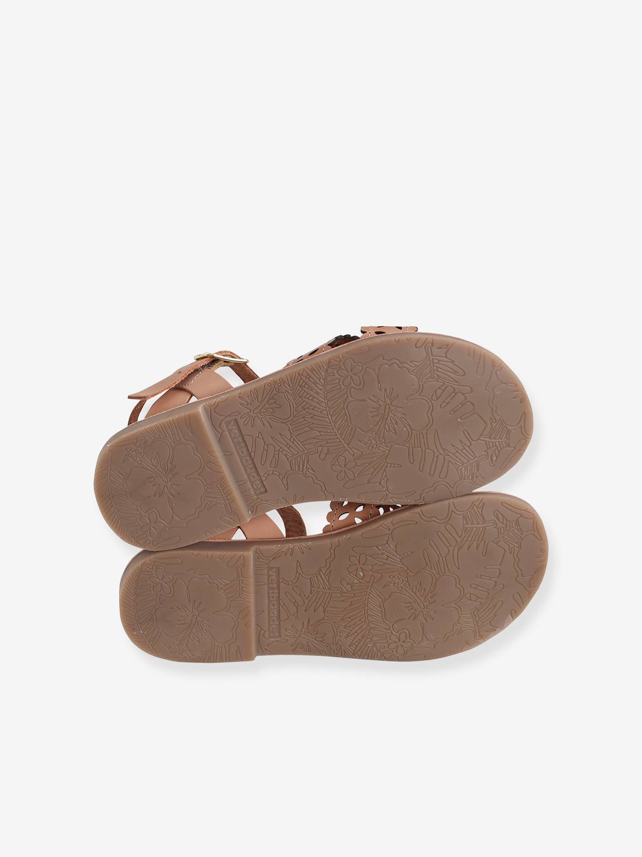 Sandálias de couro curtido vegetal para meninas, rosa claro liso