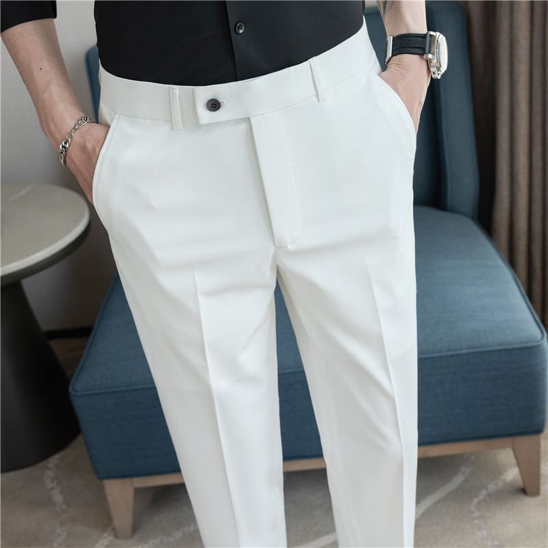 Lefitt - Mid Rise Plain Cropped Straight Leg Dress Pants