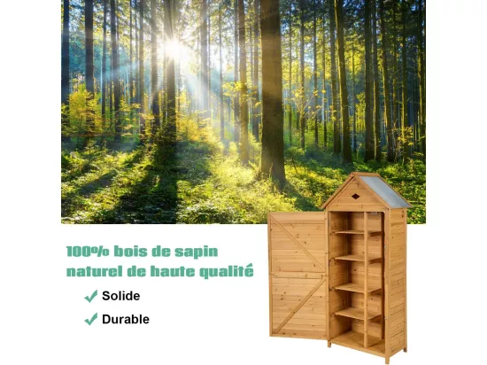 Abri de Jardin Extérieur en Bois de Sapin à 5 Etagères, 70 x 35,5 x 176 CM, Cabane de Rangement Verrouillable pour Outils de Jardin avec 5 Etagères, Tôle Galvanisé