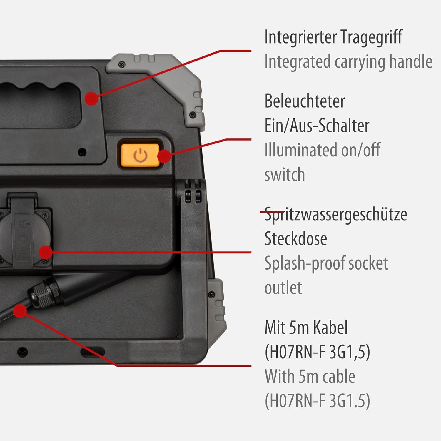 Brennenstuhl LED Baustrahler DINORA 8060 (67W, 8300lm, 5700K, IP54, LED Arbeitsstrahler mit Steckdose, 5m RN-Kabel, bruch- und schlagfestes Kunststoffgehäuse)