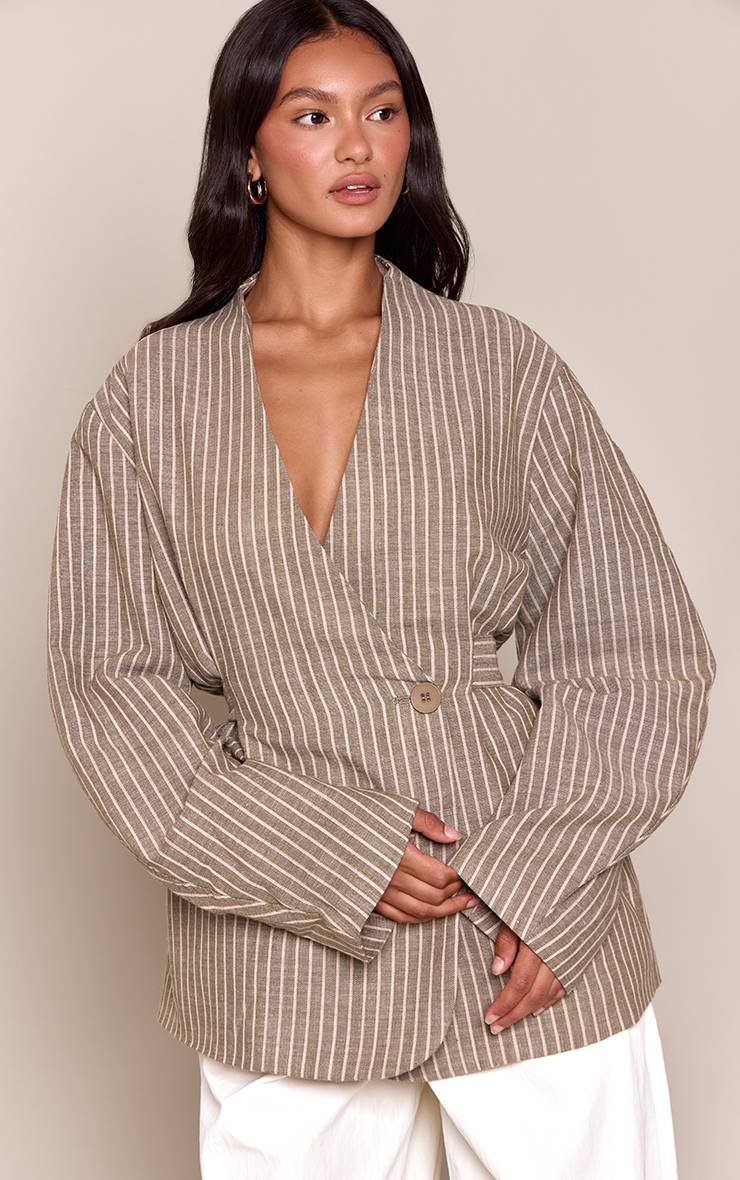 Vert Sauge Blazer En Lin À Rayures Avec Lien À Nouer Au Dos