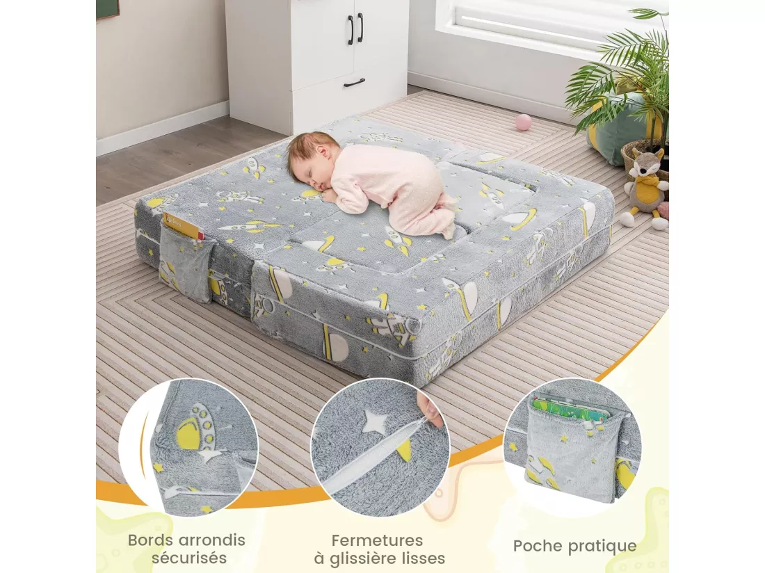 5 en 1 Canapé Enfants Lumineux (Brillant dans Le Noir) avec 2 Poufs & Motif de Vaisseau Spatial, Fauteuil Convertible en Tissu avec Poche Latérale, Housse Lavable, 3 Ans+