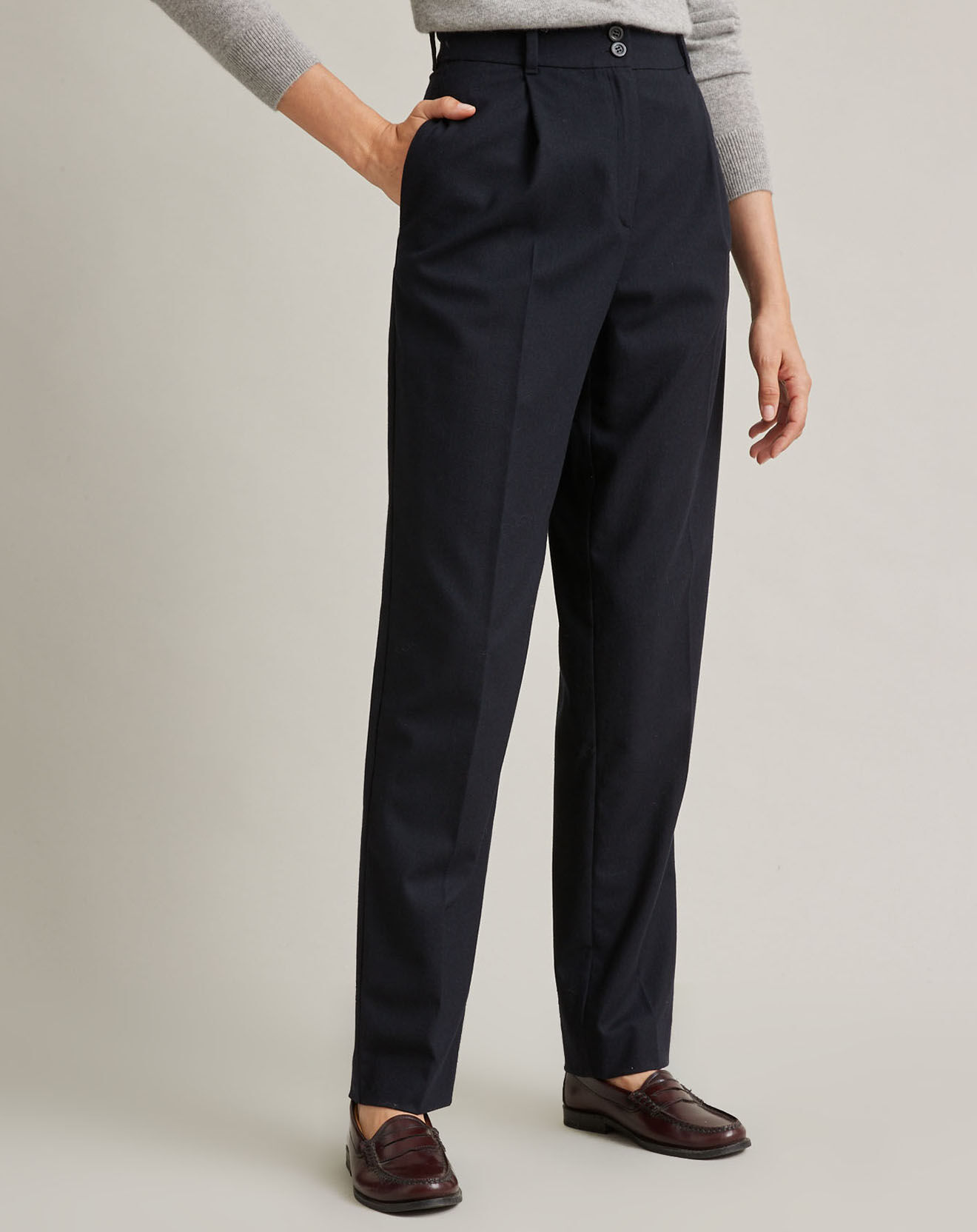 Cyrillus Pantalon carotte en Flanelle Laine mélangée bleu foncé