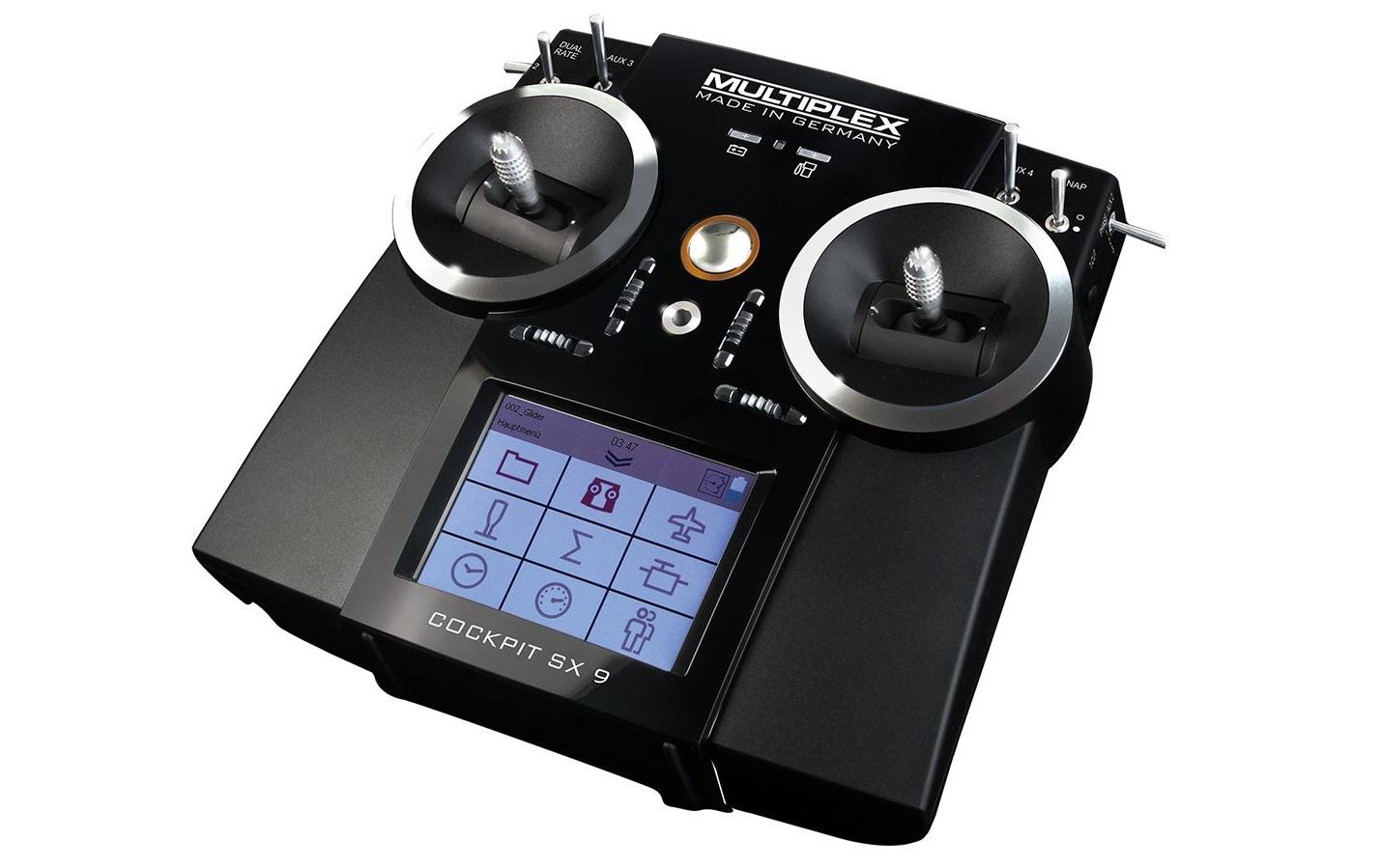 Fernsteuerung Cockpit SX 9 M-Link mit RX-9-DR Empfänger<br>M-Link 9-Kanal Sender der oberen Mittelkasse mit Telemetrie