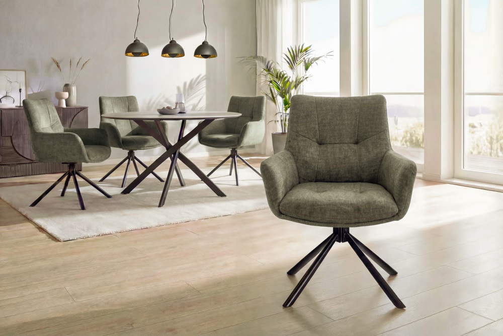 Drehbarer Design Stuhl SIGNATURE moosgrün Samt 360° Taschenfederkern schwarz Metall