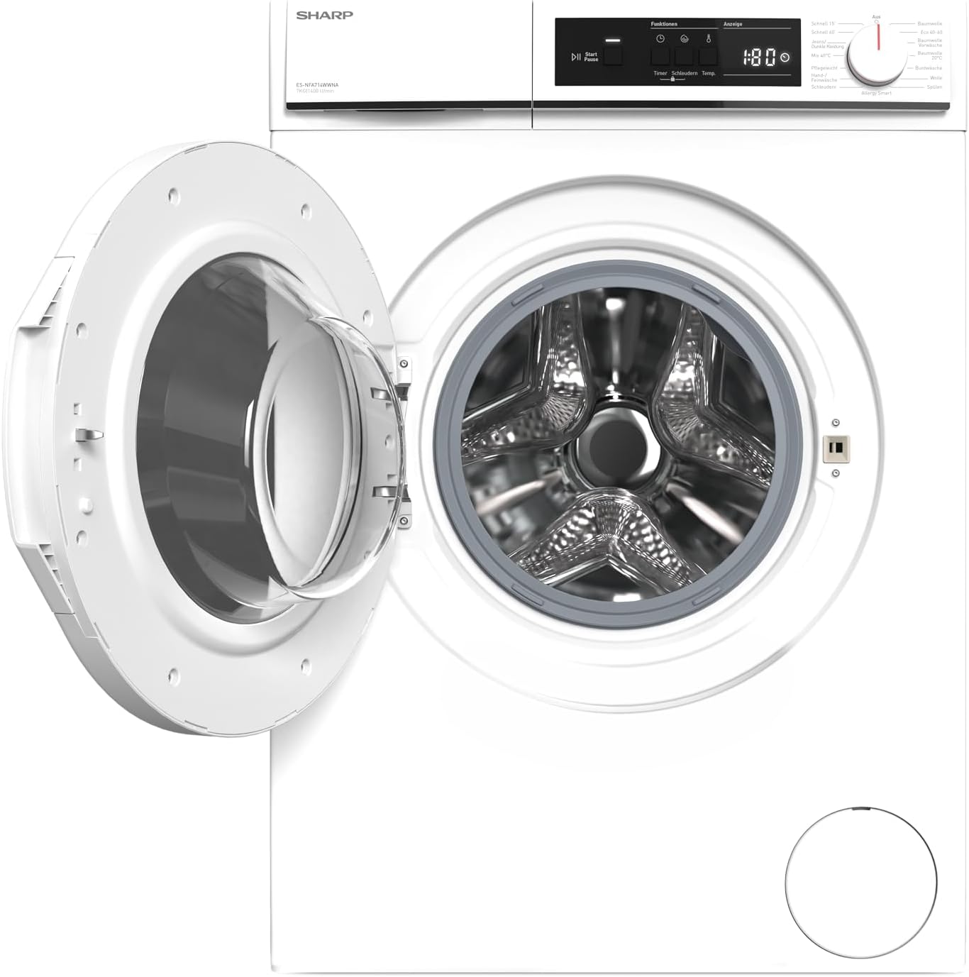 Sharp ES-NFA714WWNA-DE Waschmaschine Frontlader/A / 7 kg / 1400 U/min/Inverter Motor / 15 Programme inkl. 12 min Kurzprogramm/AquaStop/Weiß