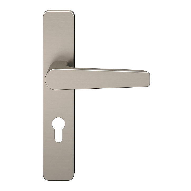 Ensemble poignée sur plaque rectangulairecylindre GoodHome Kerver effet nickel satin gris L.128mm x l.42mm entraxe 165-195mm