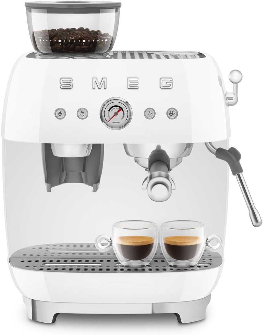 Smeg, Machine à Café Expresso Manuelle EGF03CREU, avec Broyeur à Grain Intégré, Thermoblock, 4 Niveaux de Température, Buse Vapeur et Manomètre, Réservoir 1 L, Dimensions Compactes, 1350W, Crème