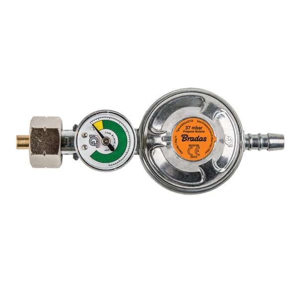 Propan butangass regulator 37mbar, 1,5kg/t med nødventil og måler,