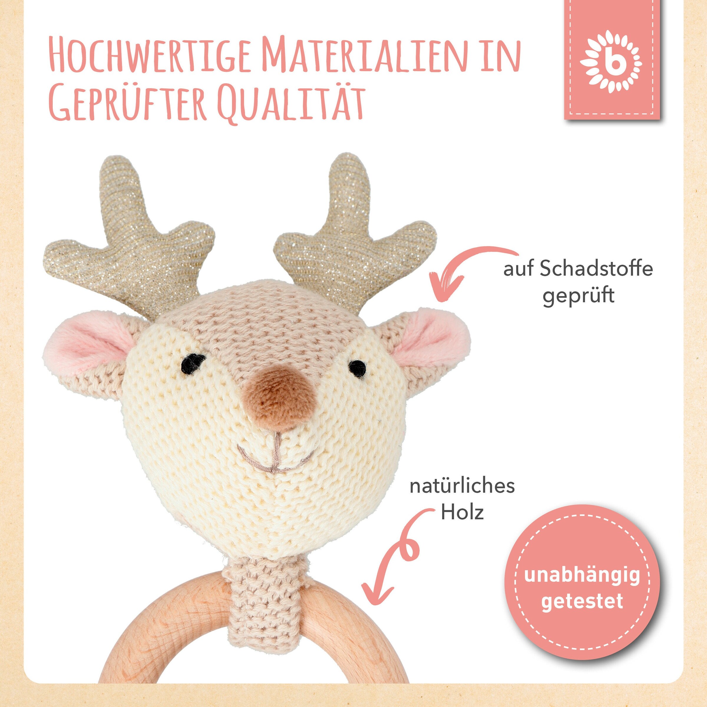 Bieco Greifling Rassel Holz Natur und Baumwolle Reh - ab Geburt Beige