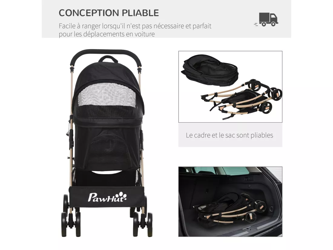 Poussette pliable pour chien chat nacelle amovible 2 en 1 - 4 roues doubles, 2 freins - acier Oxford noir