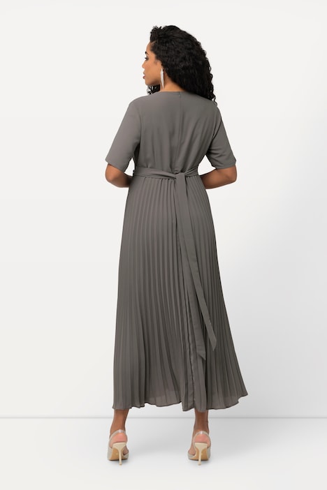 Maxikleid, Plissee, Wickeloptik, V-Ausschnitt, Halbarm