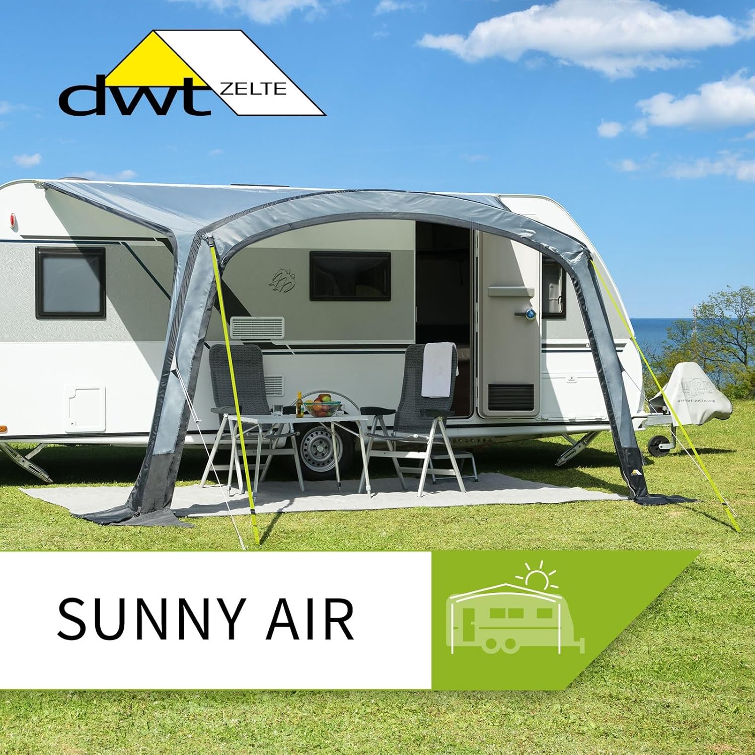 DWT aufblasbares Sonnendach für Wohnwagen - Sunny Air - inkl. 1 x Vorder- und 2 x Seitenwand - 300/400 cm x 250 cm Tiefe - Air-In-System, Breite x Tiefe:300 x 250 cm