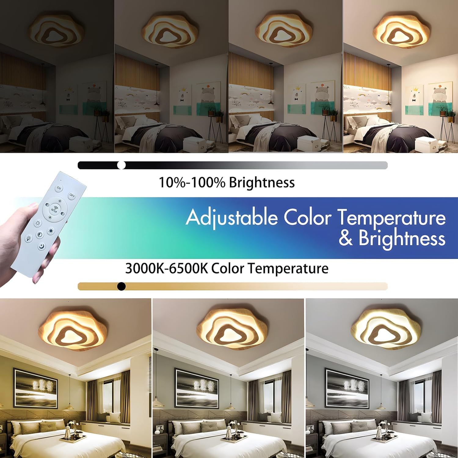 LED-Deckenleuchte Aus Holz | Ø57cm 50W 4300lm | 3000K-6000K Dimmbar Mit Fernbedienung, Moderne Wolkenlampe Aus Natürlichem Holz + Acryl, Wohnzimmer, Kinderzimmer, Küche, Esszimmer, Heimbüro
