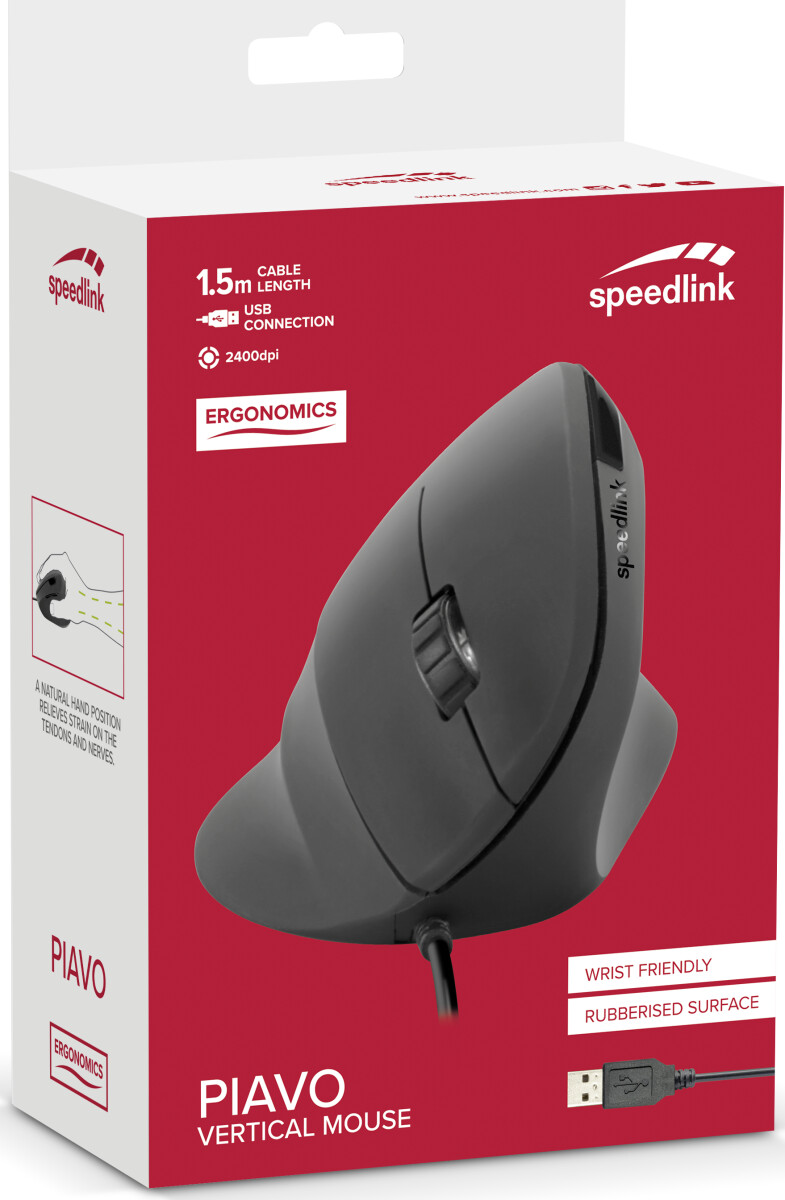 Speedlink - Piavo Ergonomic Vertikal Mus - USB - Sort - 2.400 Dpi
