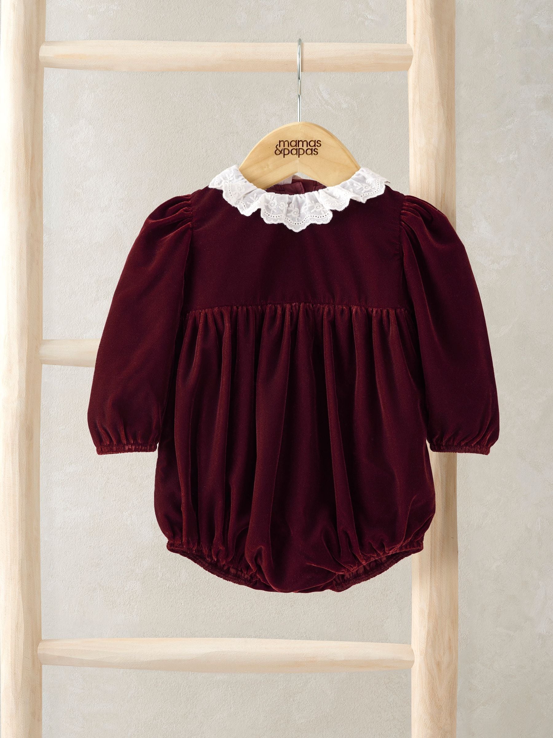 Mamas & Papas Red Velvet Romper with Lace Collar
