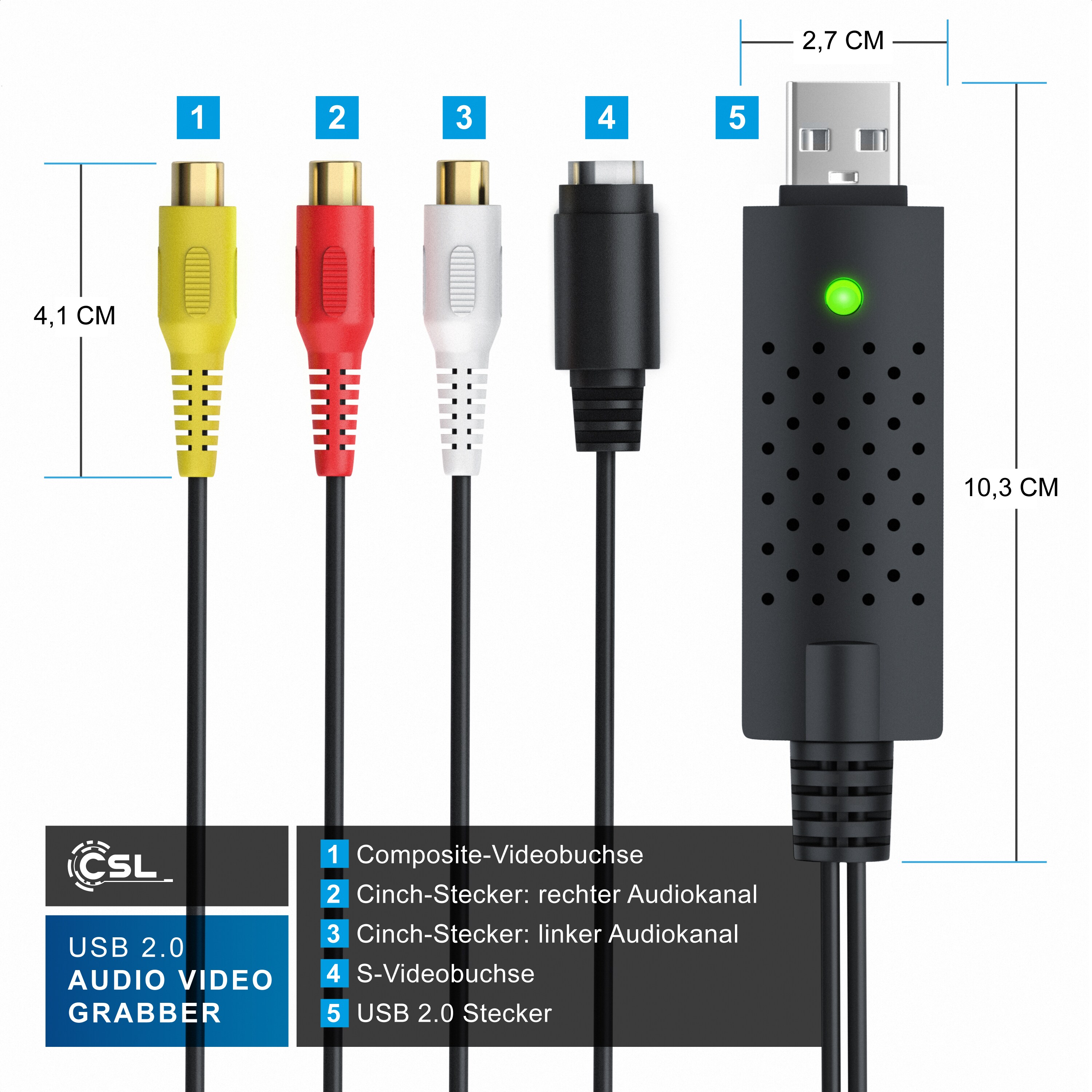 CSL Video Grabber USB Typ A, S-Video, Composite CVBS, Cinch zu USB 2.0 Typ A Stecker, USB Videograbber Audio Video Konverter, PAL NTSC, VHS zu DVD