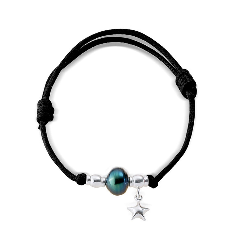 Bracelet Ajustable Femme Perle de Tahiti, Etoile en Argent Massif 925/1000 et Coton Ciré Noir