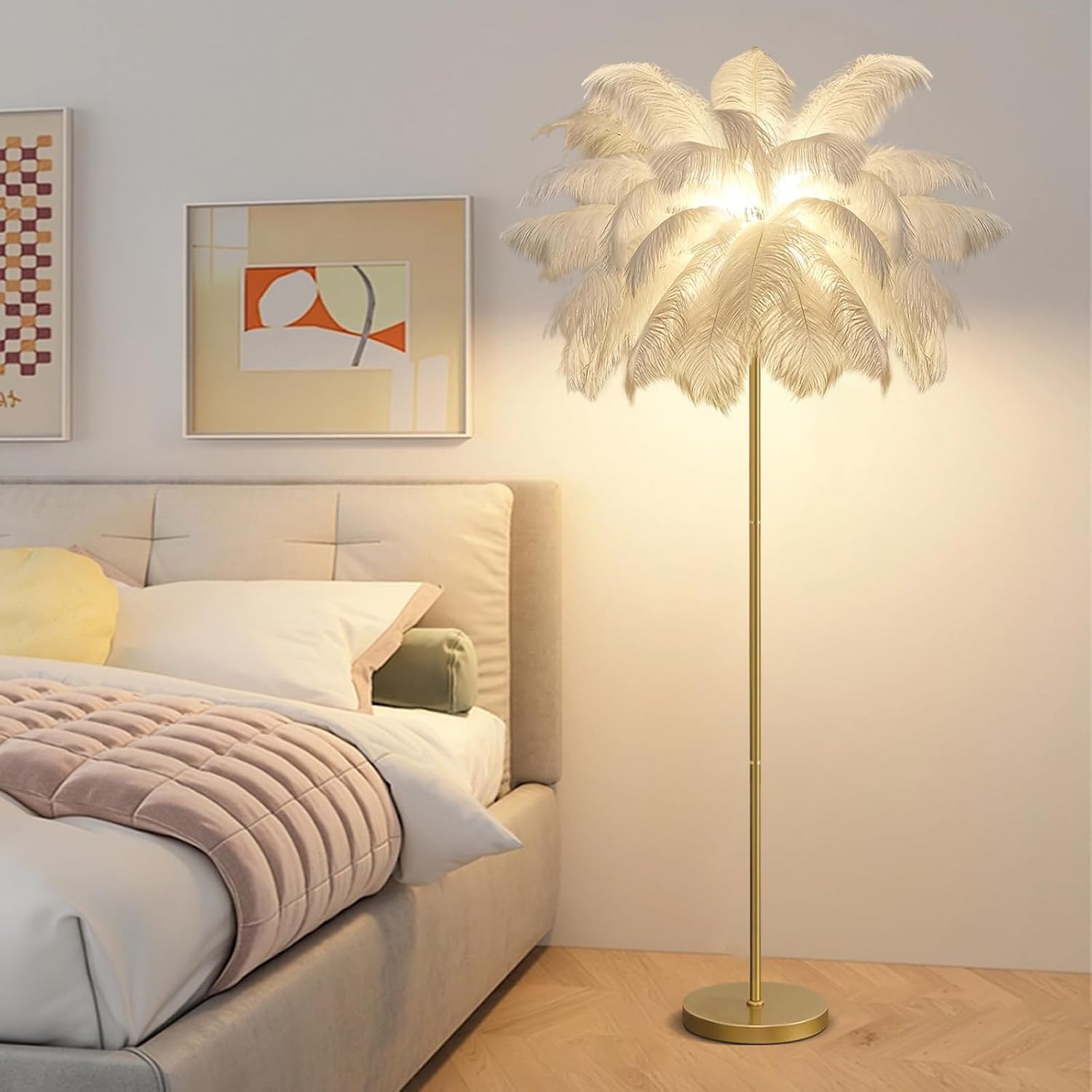 Federlampe Stehlampe Wohnzimmer, Feder Stehlampe Gold mit 3-Farbig Dimmbarem,160cm Stehlampe Federn Moderne mit Fußschalter, Kreative Studie Schlafzimmer Feder Lampe Stehleuchte (White)