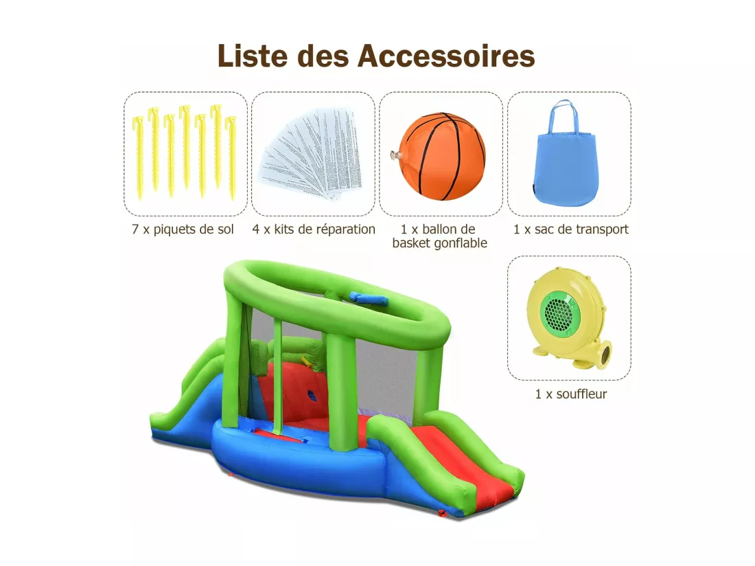 Château Gonflable en Forme de Escargot avec 2 Toboggans, Maison de Rebond Gonflable avec Mur d'escalade, Panier de Basket, Charge 135 kg pour 2 Enfants de 3-10 Ans (avec souffleur 450W)