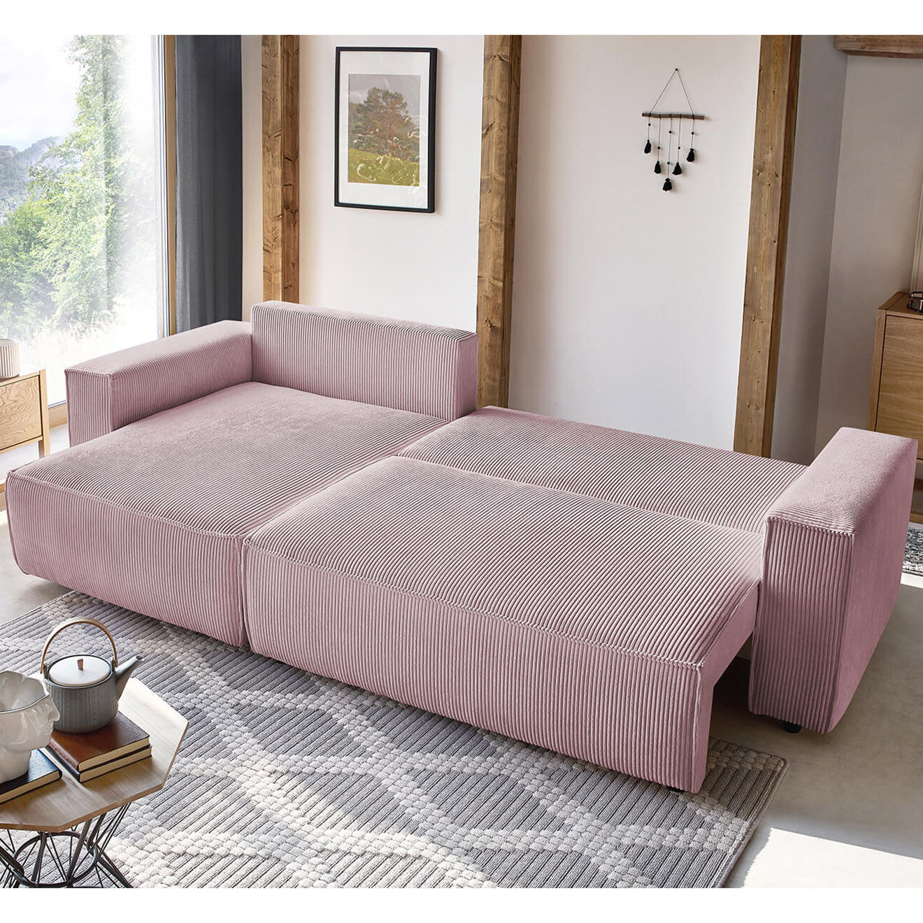 Bobochic Canapé d'angle convertible reversible Nihad en velours côtelé violet - 282x153 cm