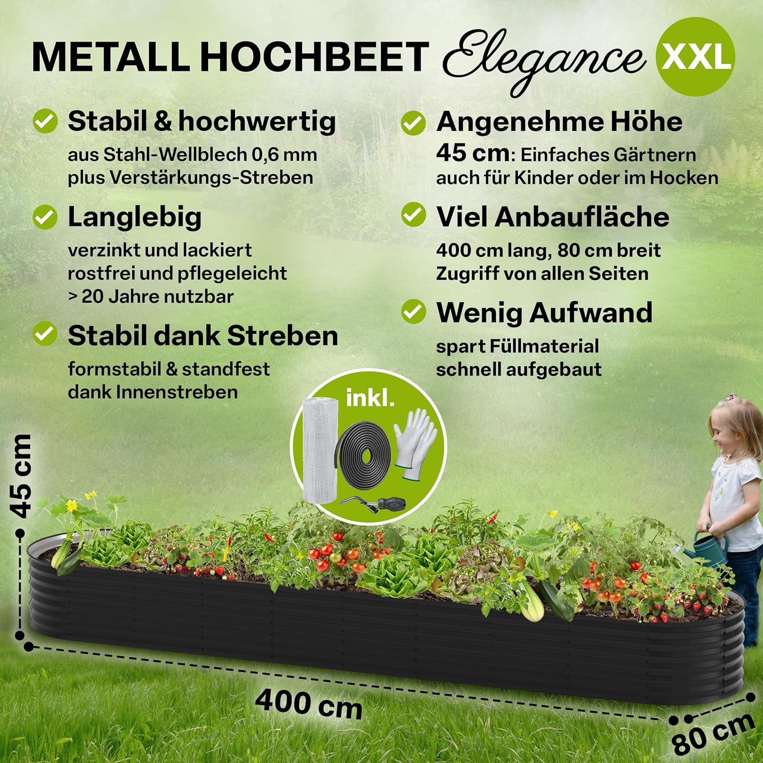 TTL GARDEN 400x80x45cm Elegance XXL Metall Hochbeet Anthrazit - Stahl rostfrei verzinkt & grau lackiert Wellblech ovale Form sehr stabil Garten Beet für Gemüse Kräuter Blumen Gartenbeet Gemüsebeet