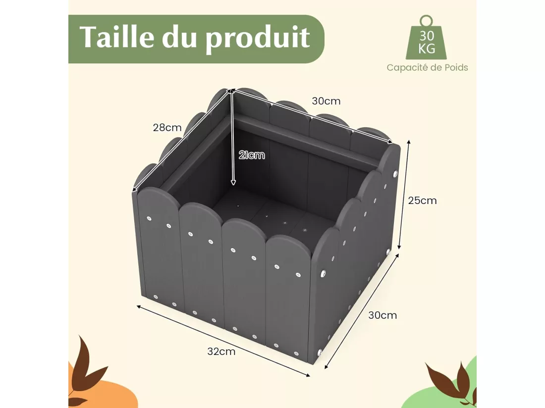 Lot de 2 Jardinière Carrées en HDPE Résistant aux Intempéries, Lit de Jardin Surélevé avec Trous de Drainage pour Culture Fruits Légumes, pour Patio Balcon, 32 x 30 x 25 cm (Gris)
