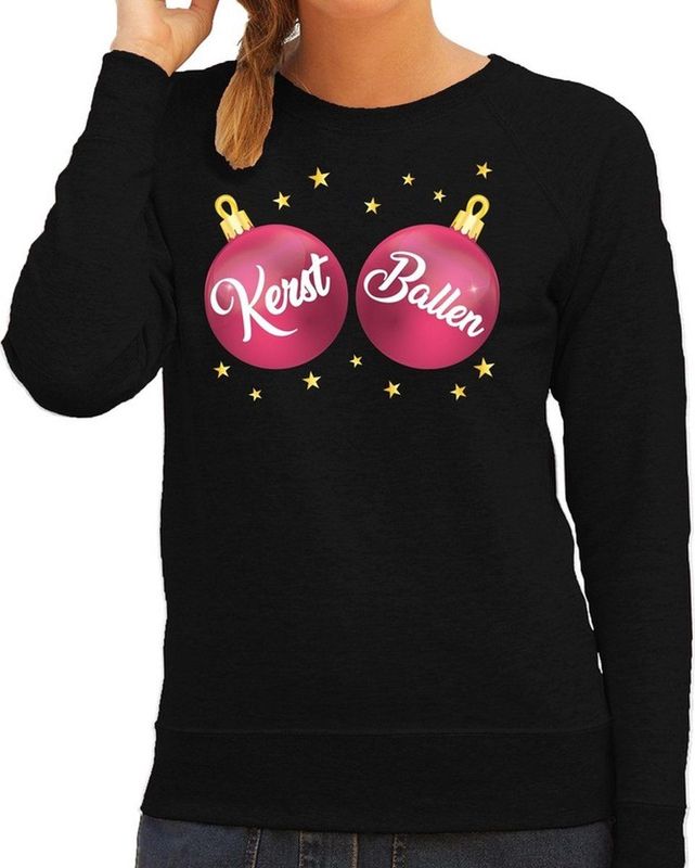 Bellatio Decorations - Foute Kersttrui - Zwart - Met Roze Kerst Ballen