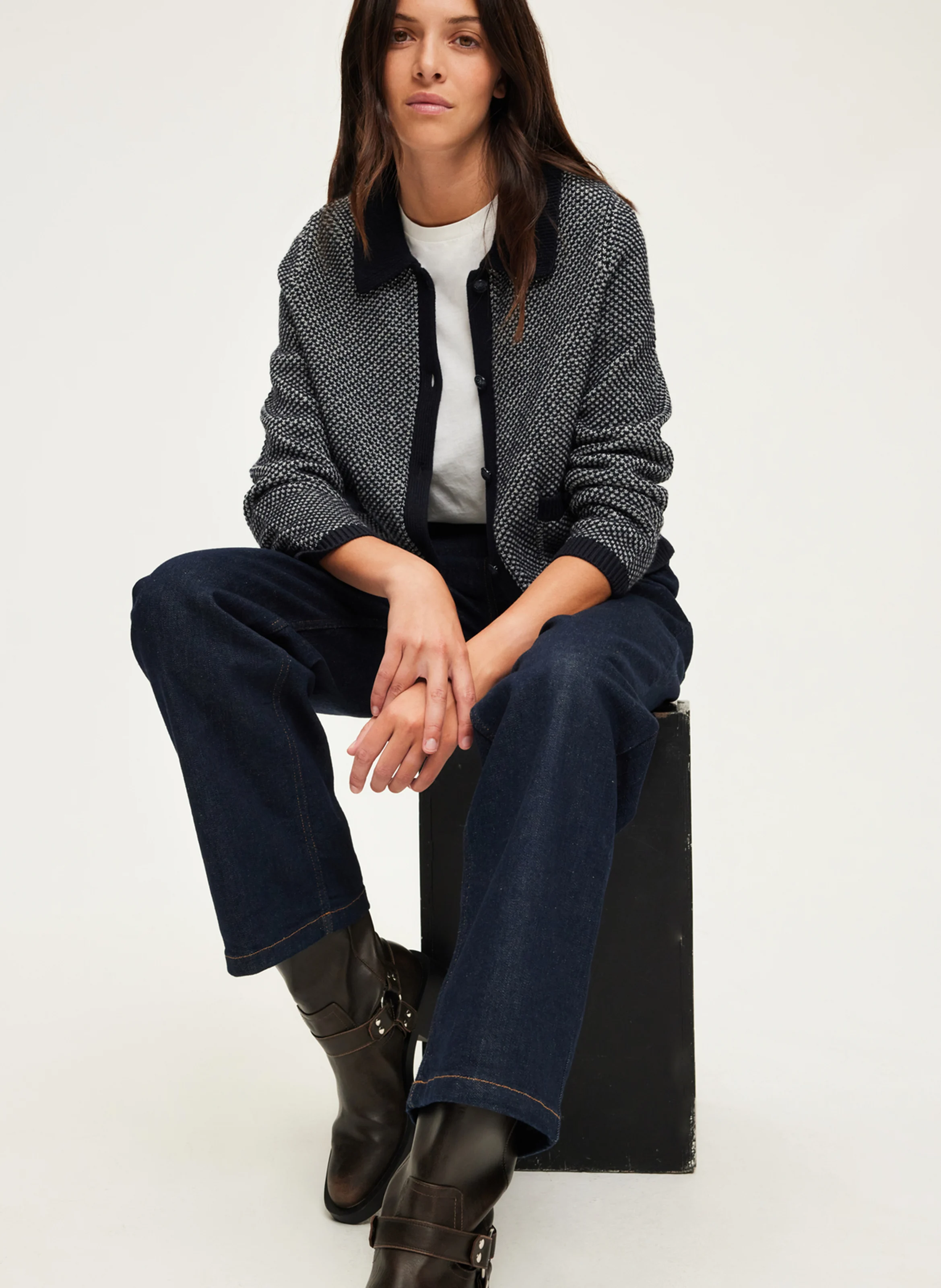 JAN - Cardigan droit col classique en laine mélangée | Bleu