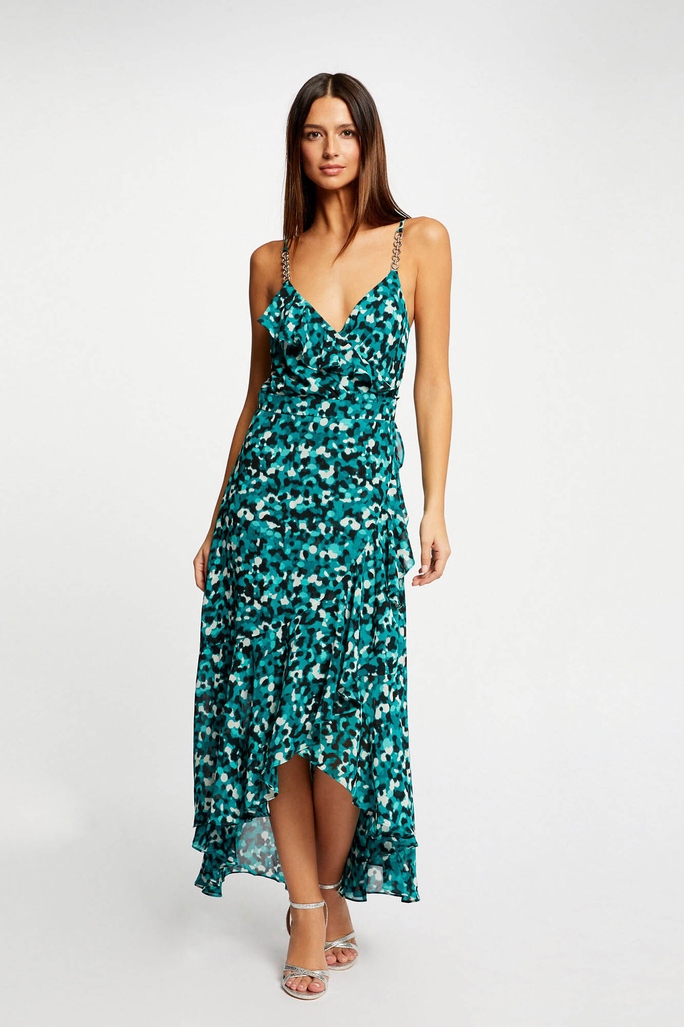 Vestido longo evasê estampado - Estampa verde