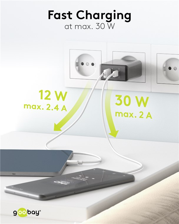 (30W/3A) USB A / USB C Ladegerät Netzteil Power Delivery / Quick Charge (61673) - Schwarz