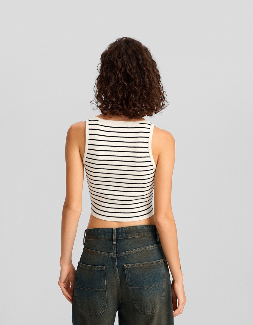 Top cropped de tricô listrado com alças finas