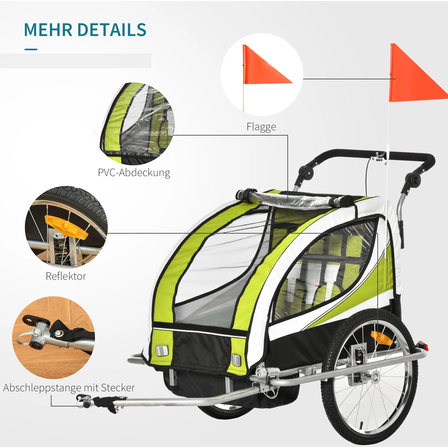 HOMCOM Kinderanhänger Mit Staufach grün, schwarz