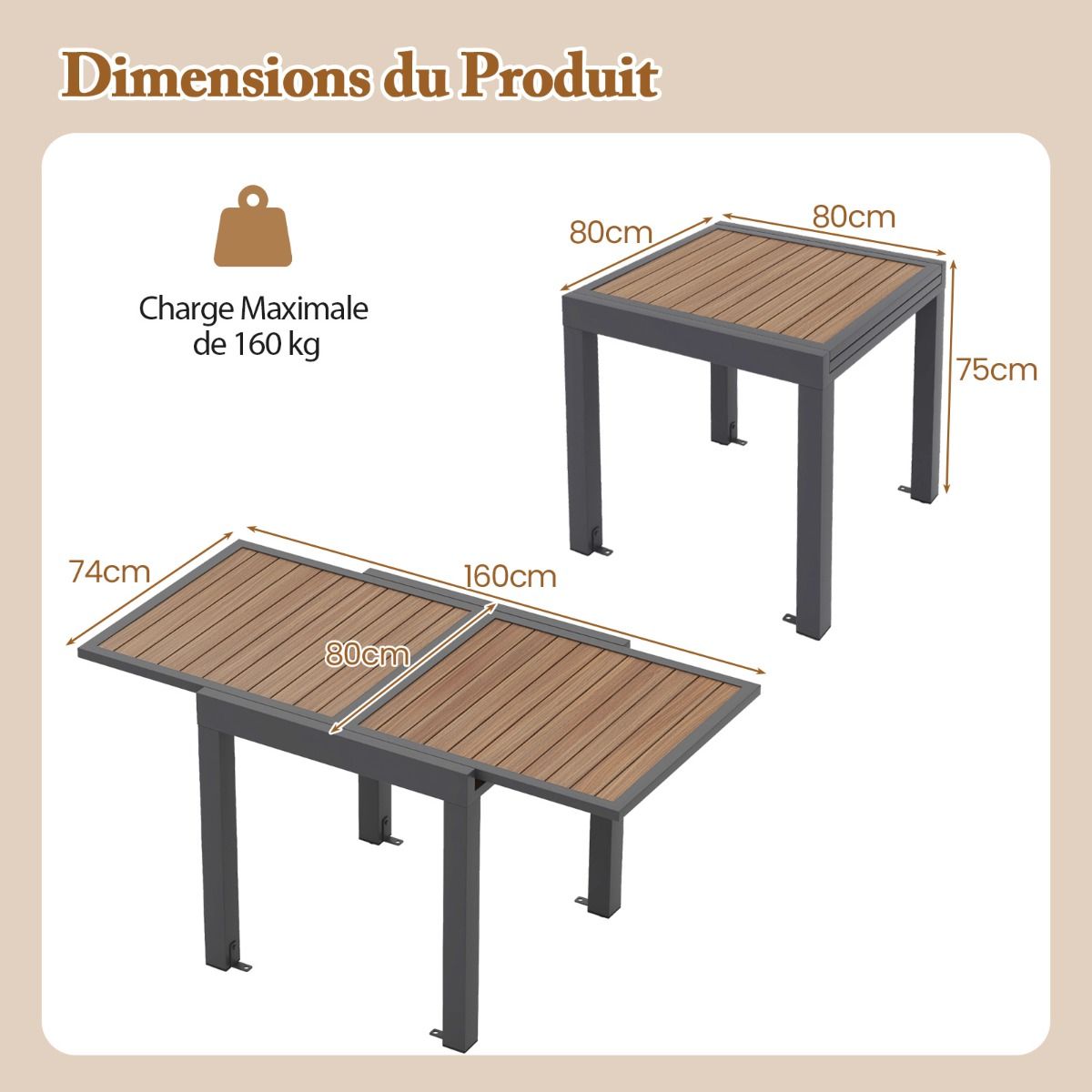 Table de Jardin Extensible en Aluminium Ajustable de 80 à 160 CM Table à Manger Extérieure Rectangulaire pour 4-6 Personnes Naturel - Lidl-Manfred