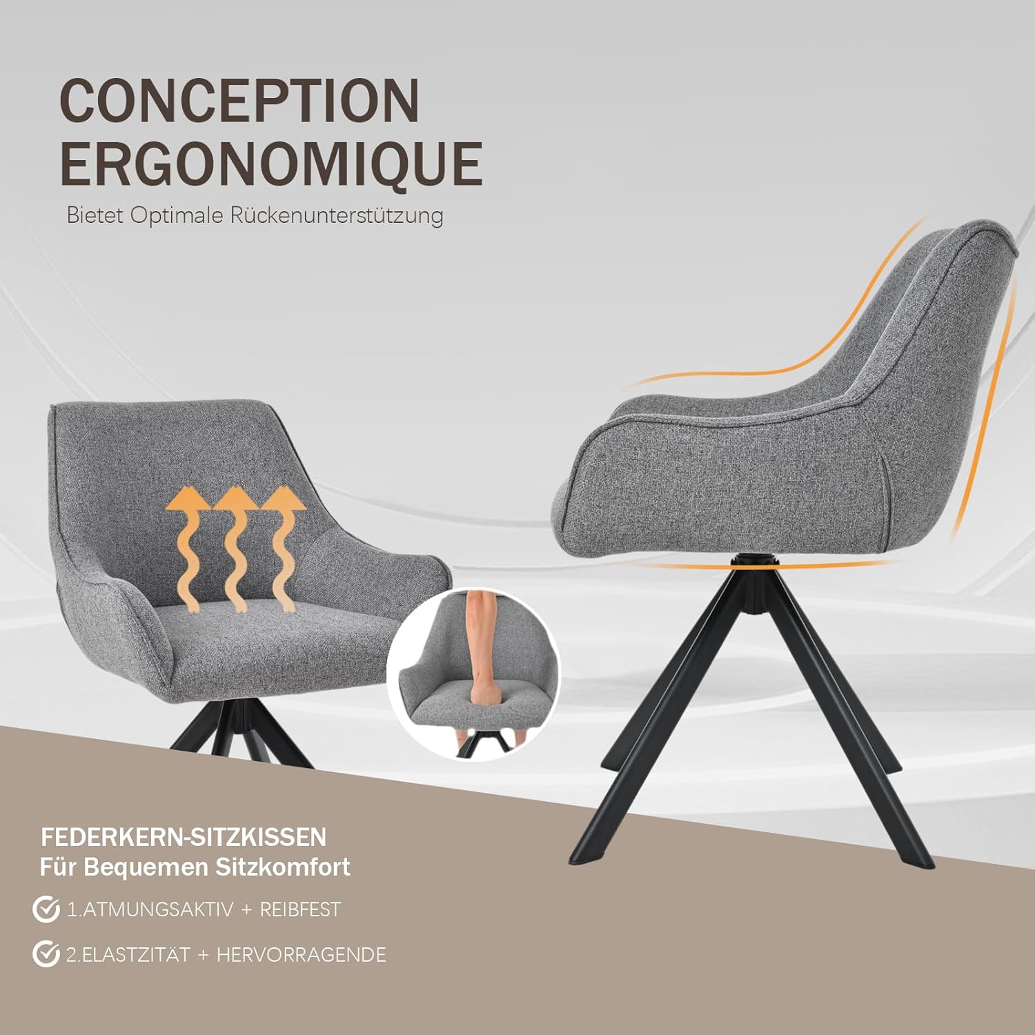 Esszimmerstühle Drehbar 4er Set mit Armlehne – 360°Drehbar Polsterstuhl Leinen Modern Drehstuhl Küchenstuhl mit Metallgestell und Rückenlehne für Esszimmer, Wohnzimmer, Büro, Hellgrau