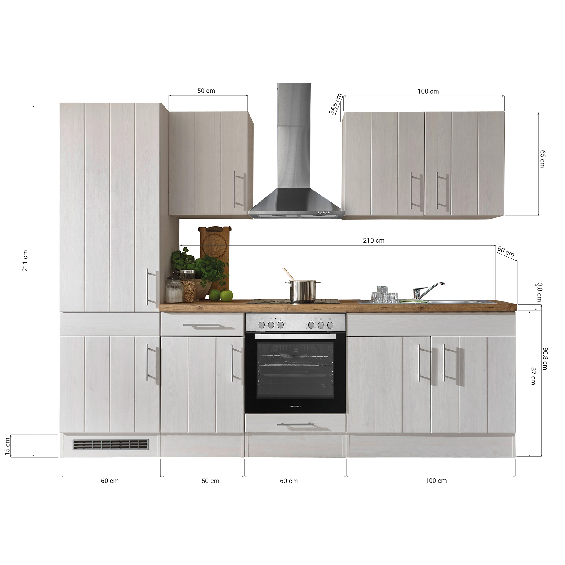 RESPEKTA Küchenblock - Lärche weiß - mit E-Geräten - 270 cm