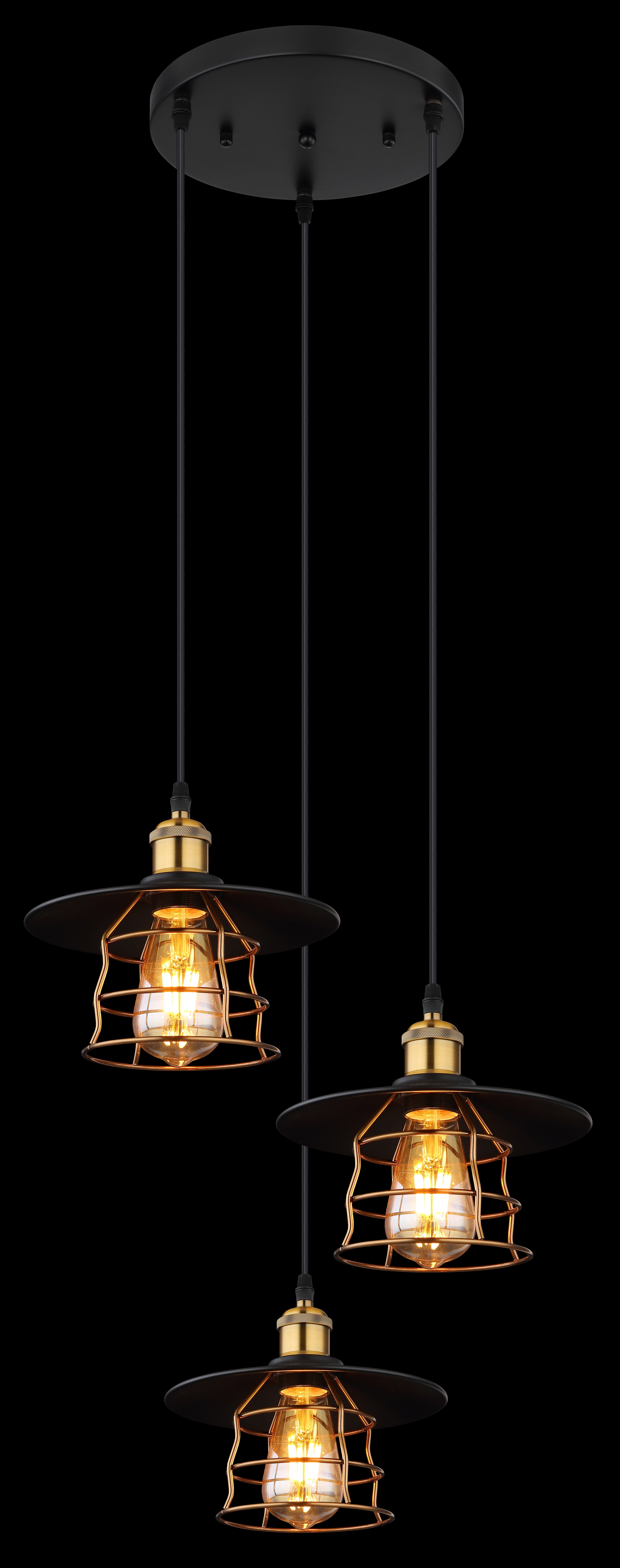 GLOBO Retrofit Pendelleuchte Viejo 3-flg Schwarz /Altmessingfarbig 33cm H.155cm Metall,Geflecht,Matt,höheneinstellbar,Innen