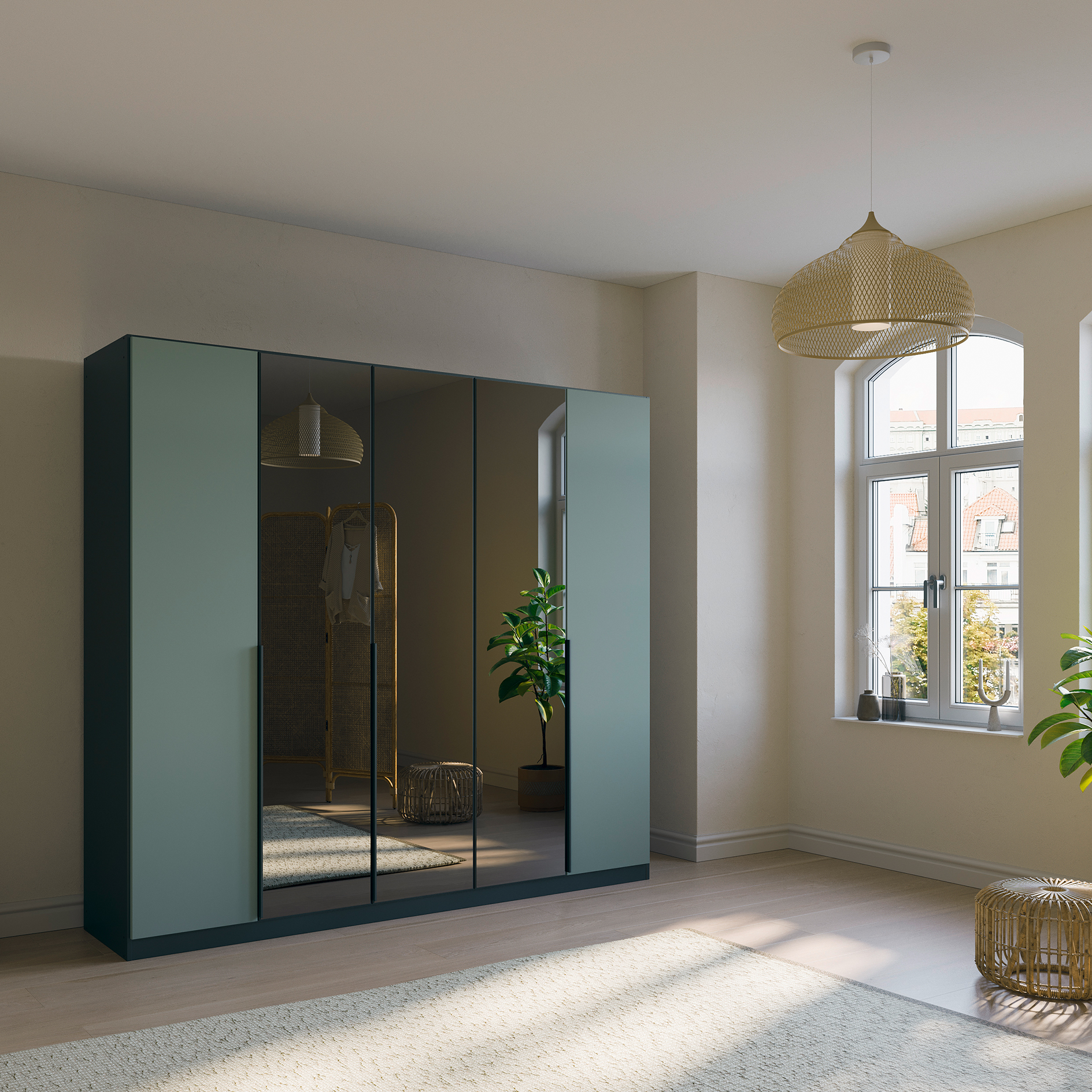 Drehtürenschrank - grau metallic-salbei - 226 cm - 5-türig