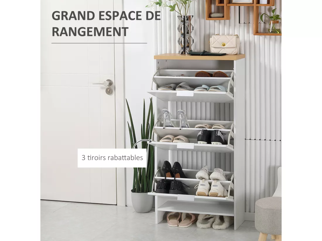 Meuble à chaussures 3 portes abattantes 2 compartiments MDF blanc chêne clair