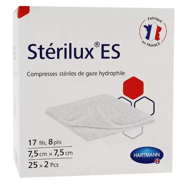 Compressas de gaze hidrofílica estéril Hartmann Sterilux-ES, 8 camadas, 17 fios, 7,5 x 7,5 cm, 25 unidades.