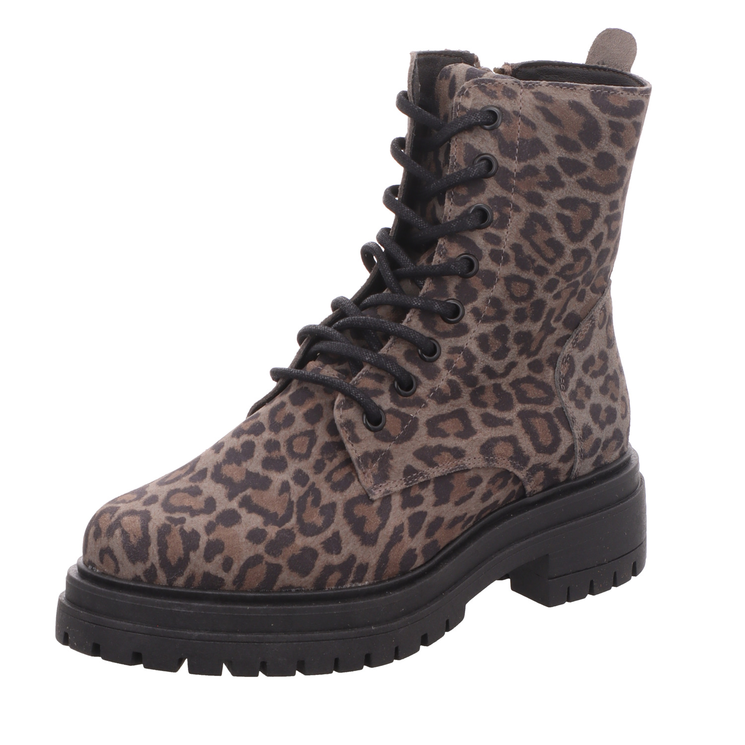 Shoecolate Damen-Schnürstiefelette Leopard-Grau-Schwarz