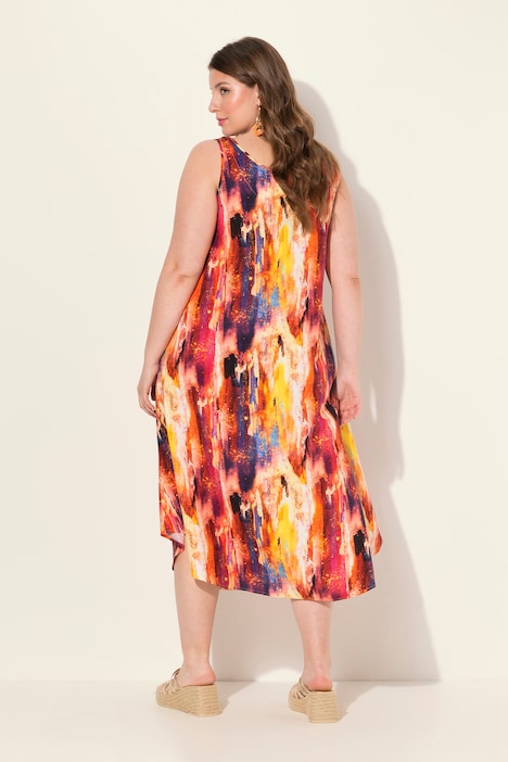 Kleid, farbenfroher Druck, A-Linie, Rundhals, ärmellos