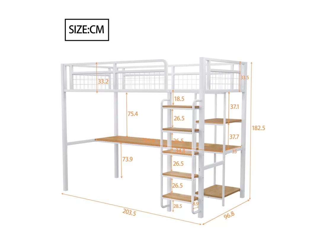 Lit mezzanine 90x200 avec échelle lit enfant avec table et étagère barrière de sécurité grillagée en métal Blanc