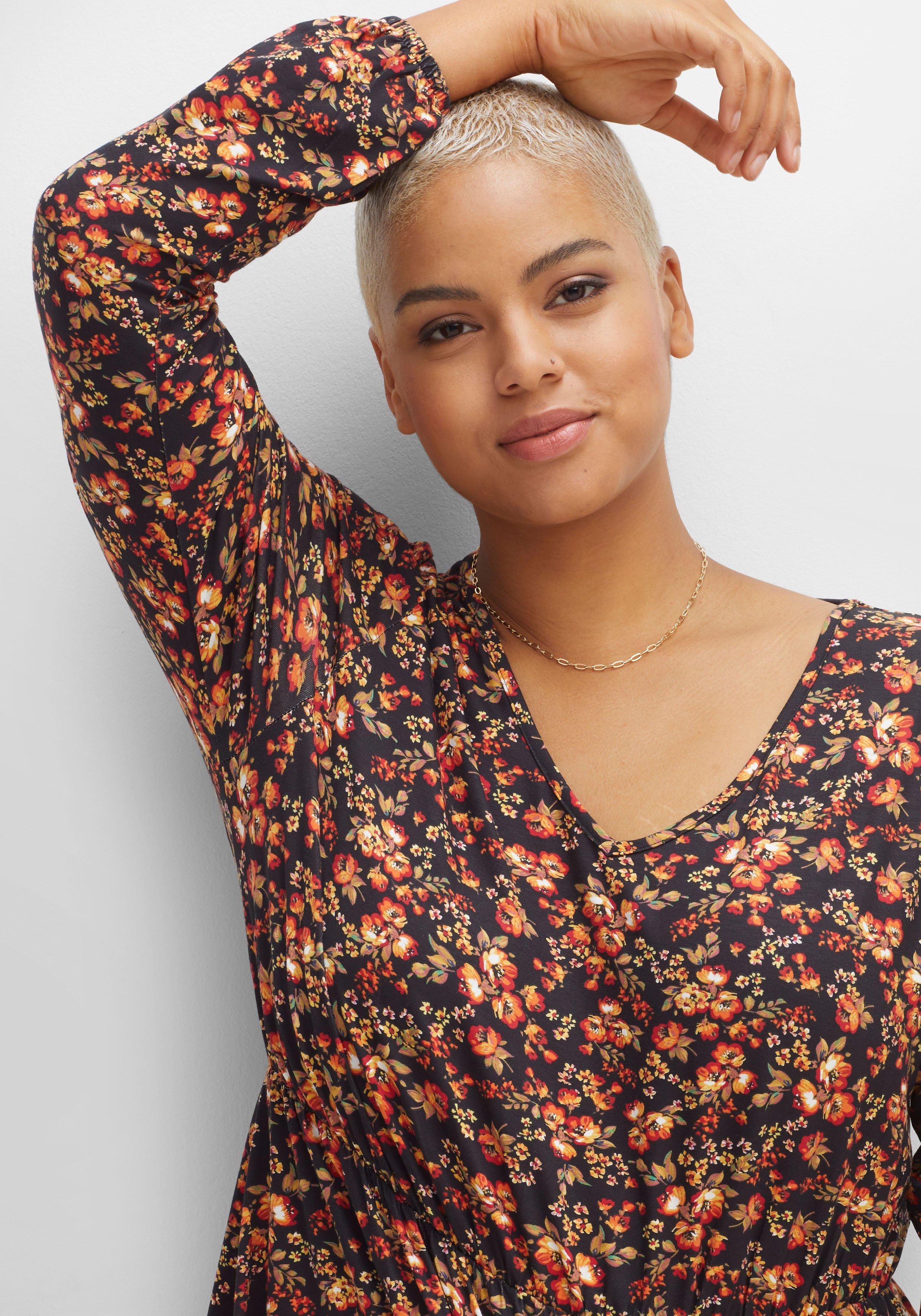 Knielanges Jerseykleid mit Blumenprint