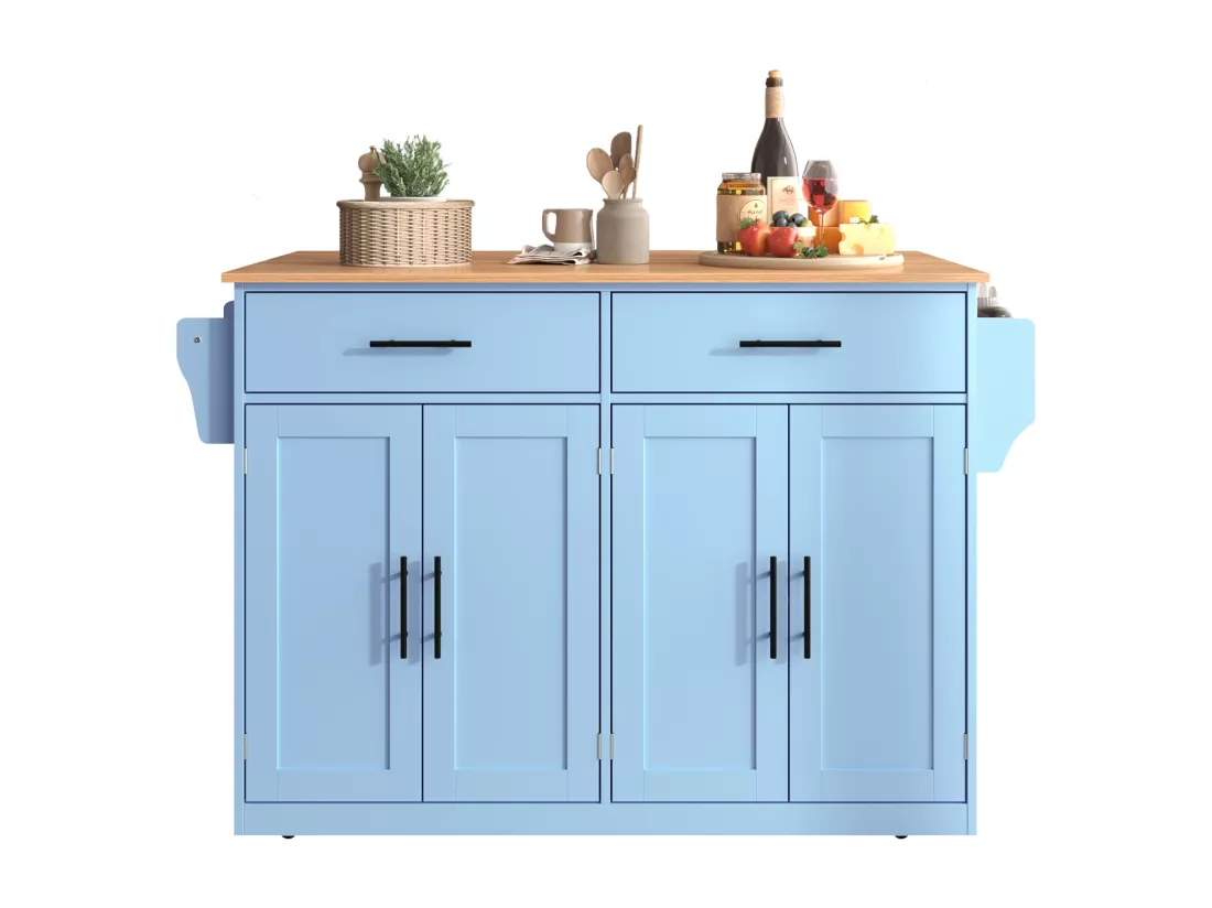 Ilot central de cuisine - 2 tiroirs et 4 compartiments - pieds en roulettes ou en bois - Bleu