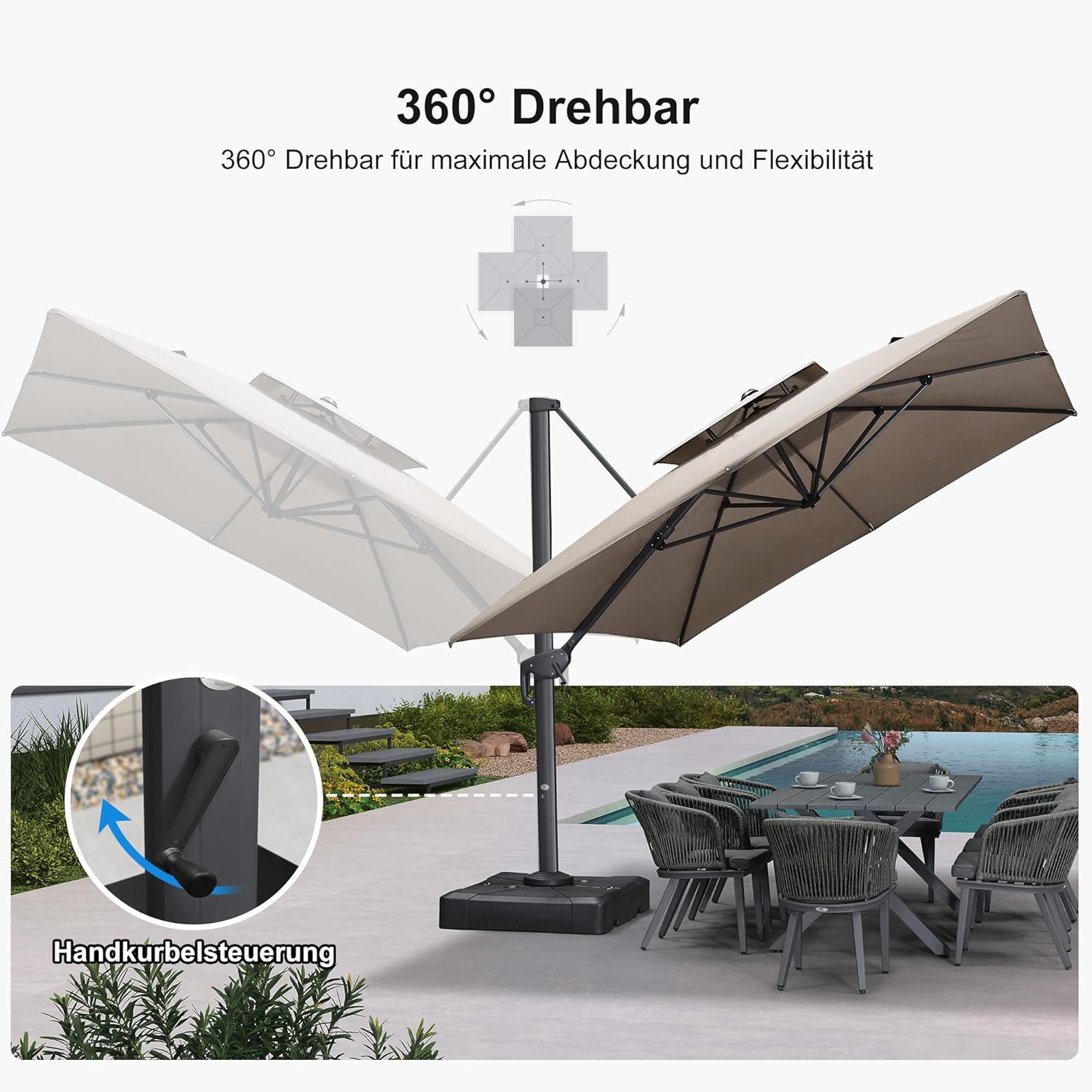 PURPLE LEAF Sonnenschirm 300 x 400 cm Ampelschirm Rechteckig mit Kurbel und Doppeldach, Gartenschirm Groß Wasserabweisend farbecht für Terrasse Deck Schwimmbad, Asch Mokka